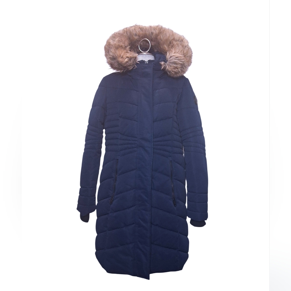 Point Zero Women’s Long Puffer Parka with Faux Fur Trim – Navy, Size Large